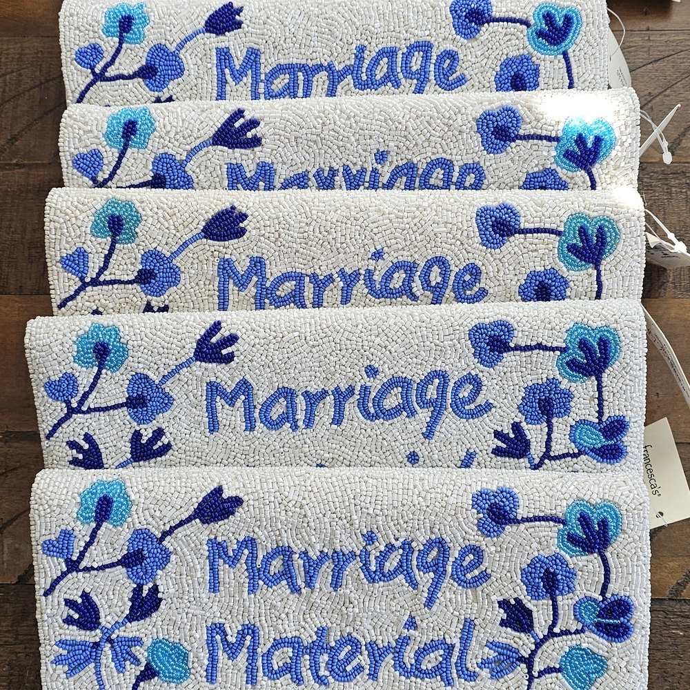 Beaded 'Marriage Material' Floral Clutch - Blue on Ivory - Picture 6 of 6